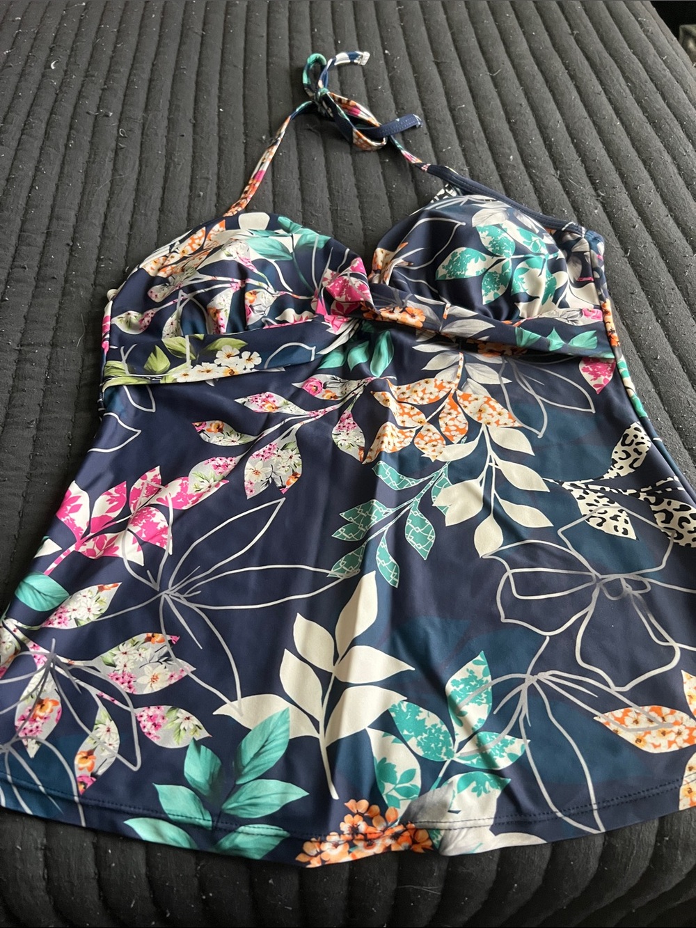 Hapari Navy Floral Halter Swim Dress with Multicolor Leaves